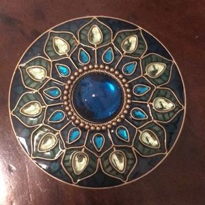 Hinged round enamel trinket box in blues/ greens peacock feather inspired design